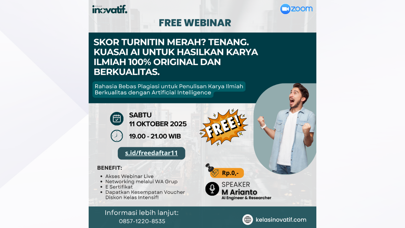 FREE WEBINAR “Rahasia Bebas Plagiasi untuk Penulisan Karya Ilmiah Berkualitas dengan Artificial Intelligence”