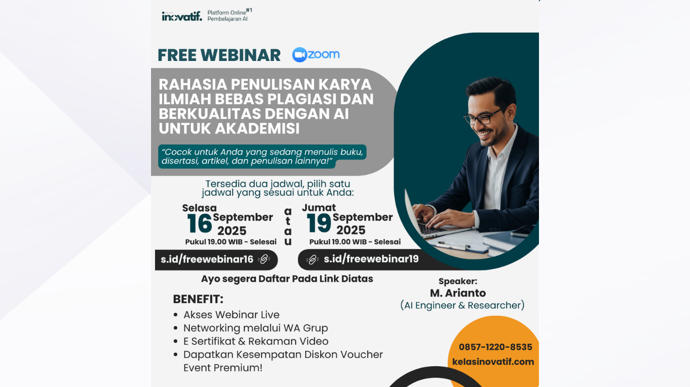 FREE WEBINAR “Rahasia Penulisan Karya Ilmiah Bebas Plagiasi dan Berkualitas dengan Artificial Intelligence untuk Akademisi”
